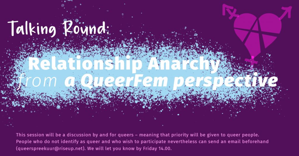 a purple header. in the middle are light blue freckles as a background for a text saying: relationship anachy from a queerfem perspectove. below is a short disclaimer in lgiht pink about cis-hets participation only with limited access. on the right upper corner there is an relationshipanarchysymbold that is queered. (it is a heart with an A in it, and there are the arrows of the transfeminismsymbol on it)