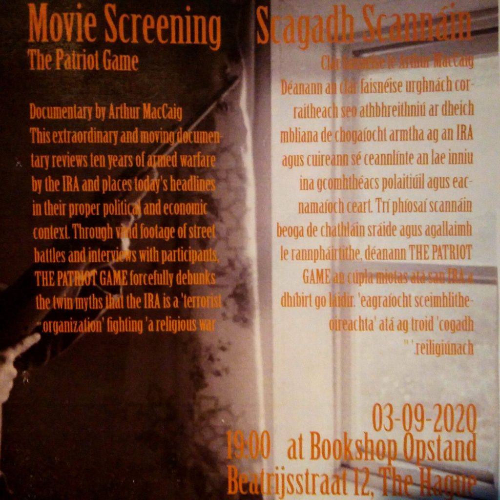 A poster of the moviescreening. It has two columns with ornage text in the background a part of a black and white image. Information of the text to be found in post.