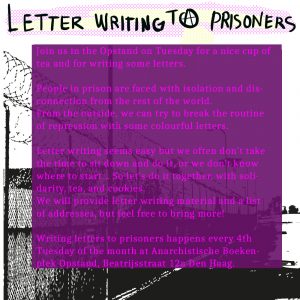 a black contour of a prison fence on white.the header says ‘ letter writing to prisoners’. A purple text field layerd on top of the image with the text seen below.